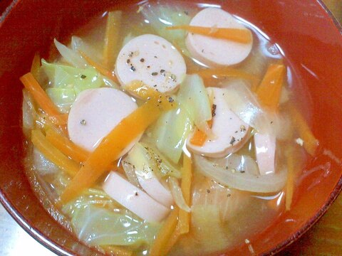 魚肉ソーセージと野菜の和風しょうがスープ
